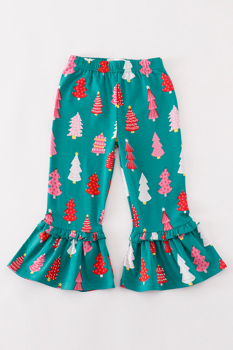 Green christmas tree print ruffle pants