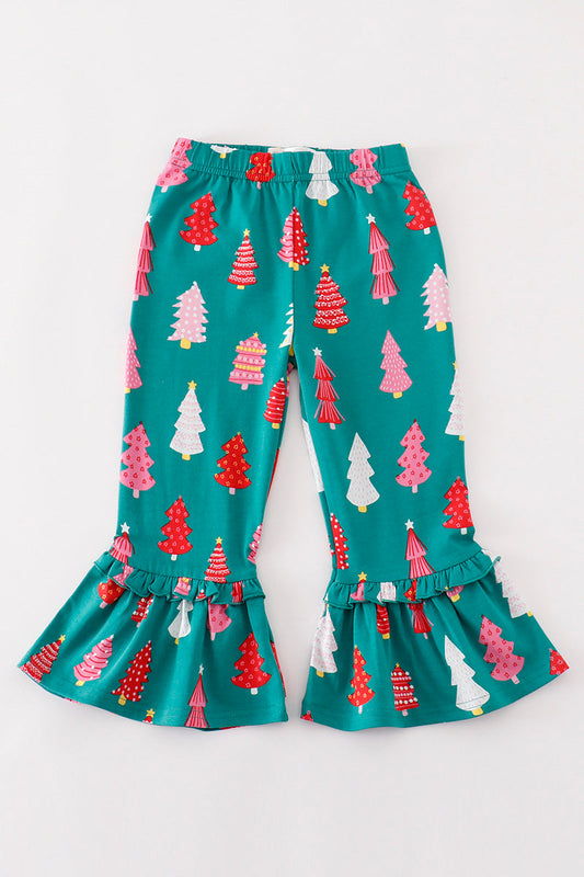 Green christmas tree print ruffle pants