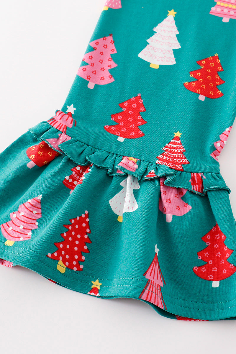 Green christmas tree print ruffle pants