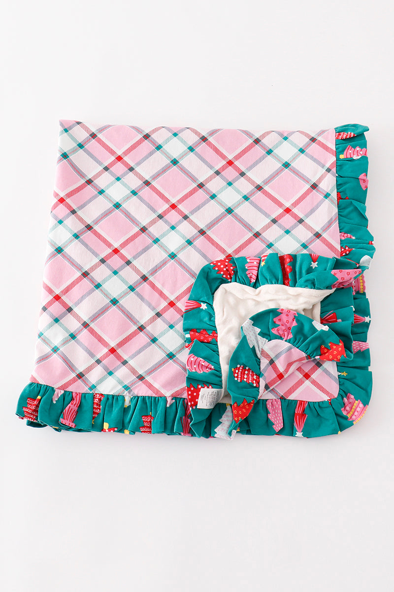 Pink plaid ruffle soft knitted blanket