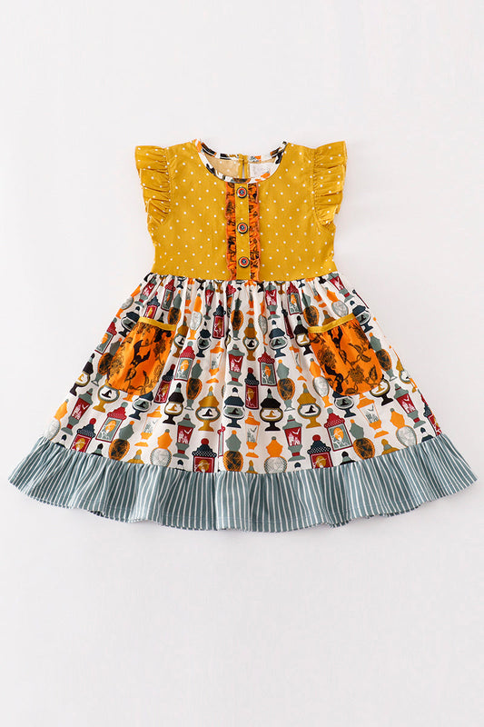 Yellow halloween dot ruffle pocket dress