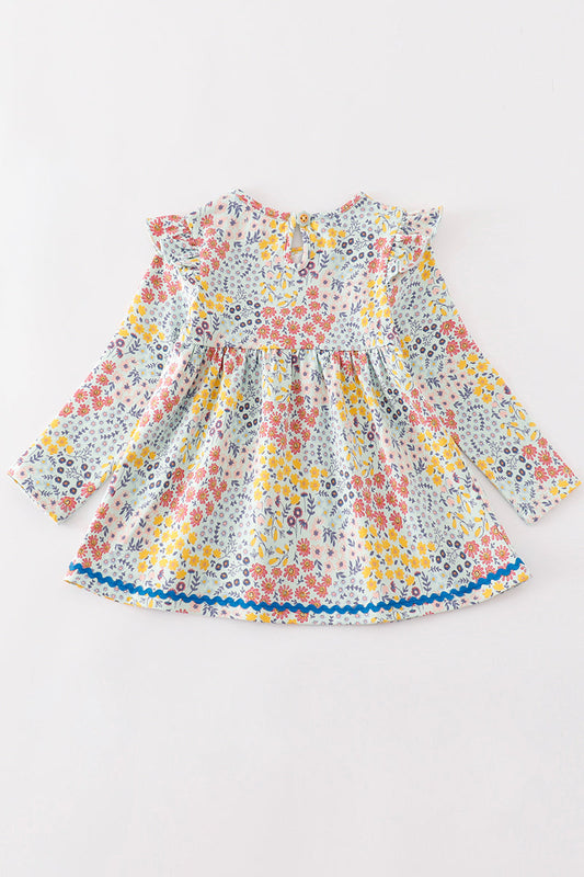 Blue floral print ruffle girl dress