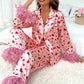 Pink valentine's day heart print fur trim pajamas set for Women