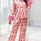 Pink valentine's day heart print fur trim pajamas set for Women