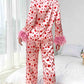 Pink valentine's day heart print fur trim pajamas set for Women