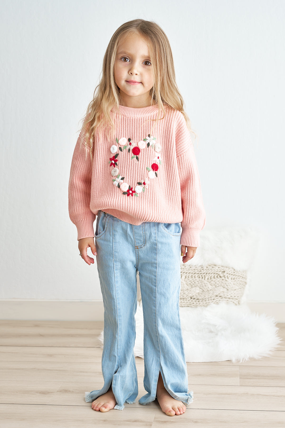 Pink heart floral hand-embroidered oversized sweater