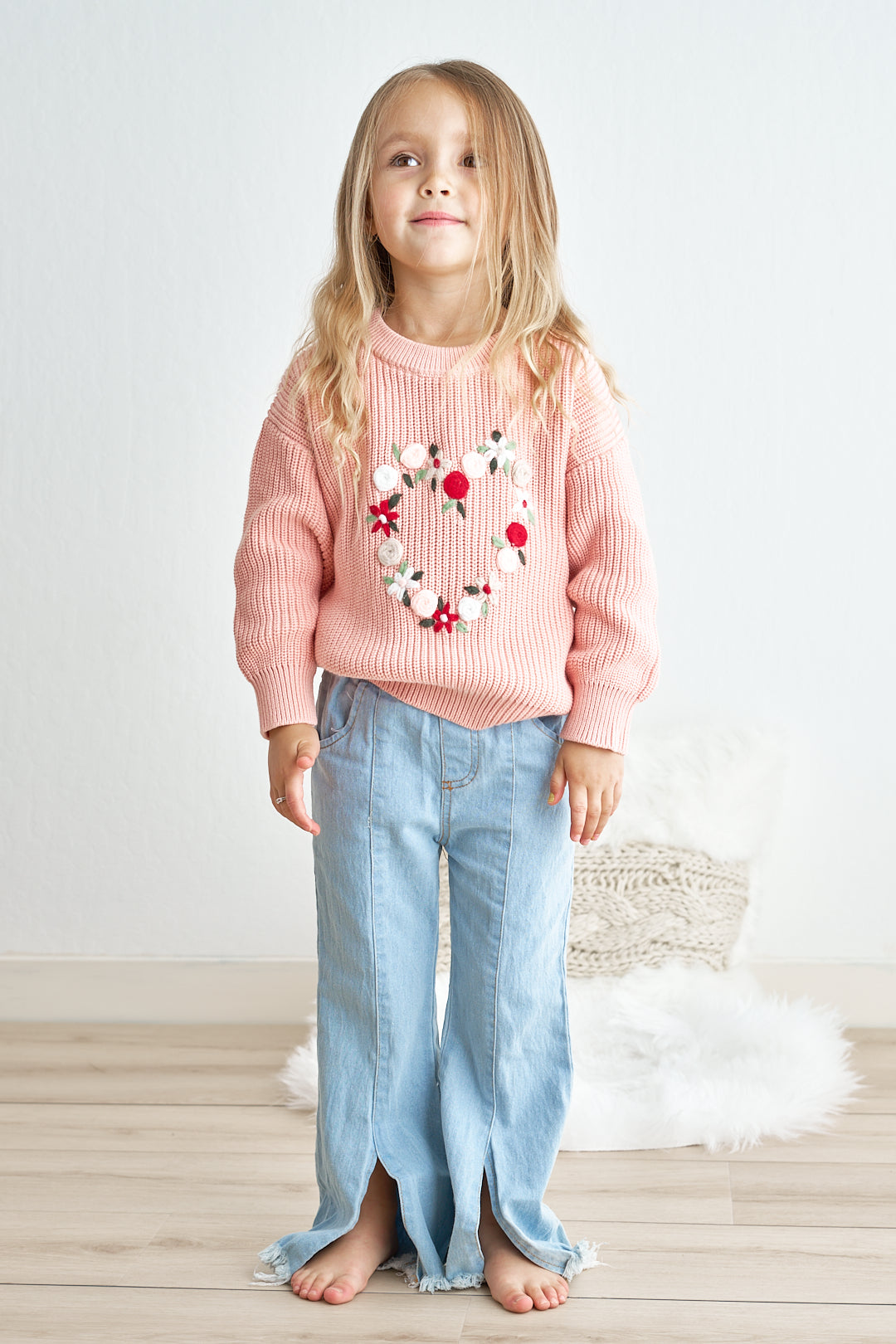 Pink heart floral hand-embroidered oversized sweater