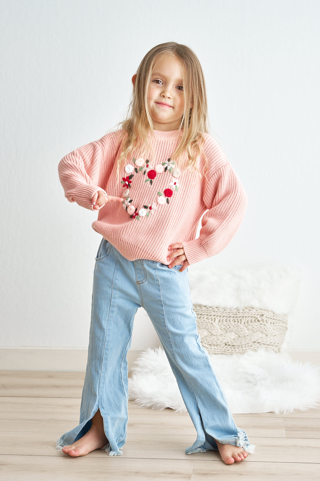 Pink heart floral hand-embroidered oversized sweater