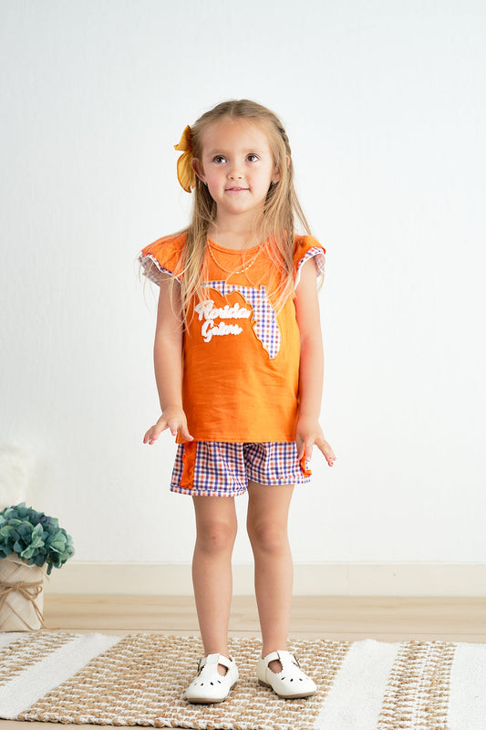 Orange florida french knot ruffle girl set