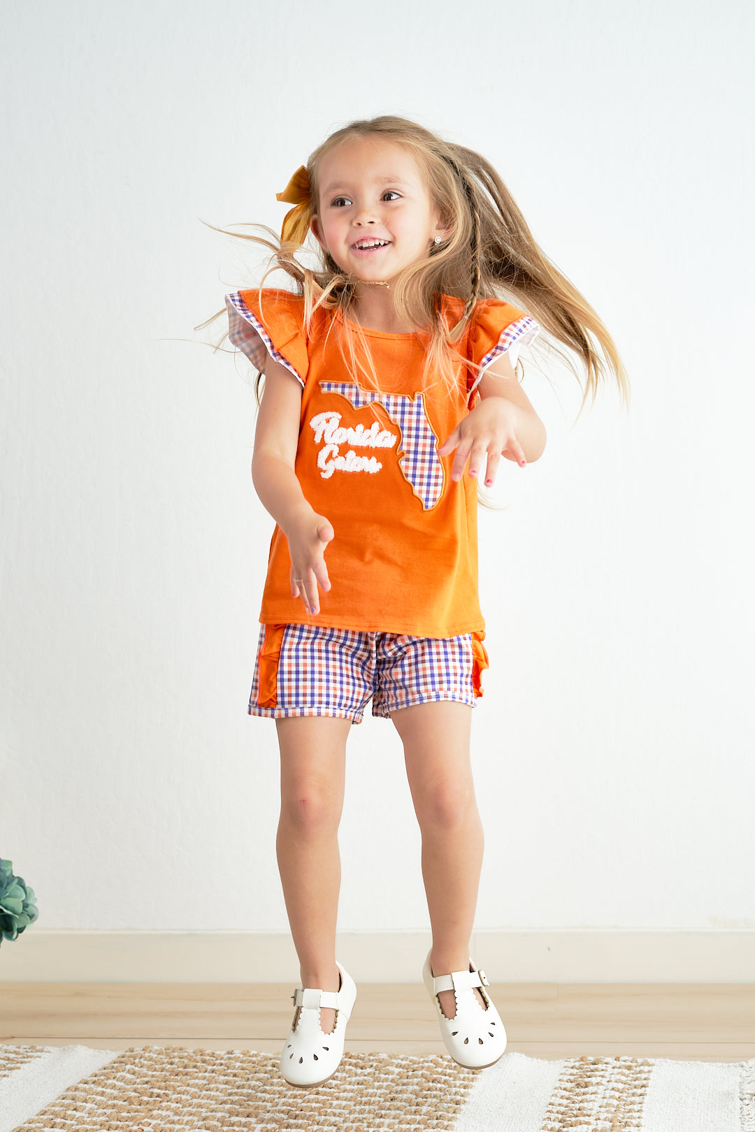 Orange florida french knot ruffle girl set