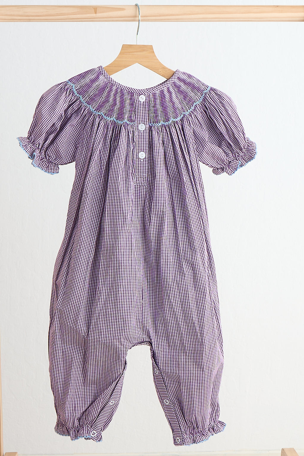 Purple castle hand smocked gingham girl romper