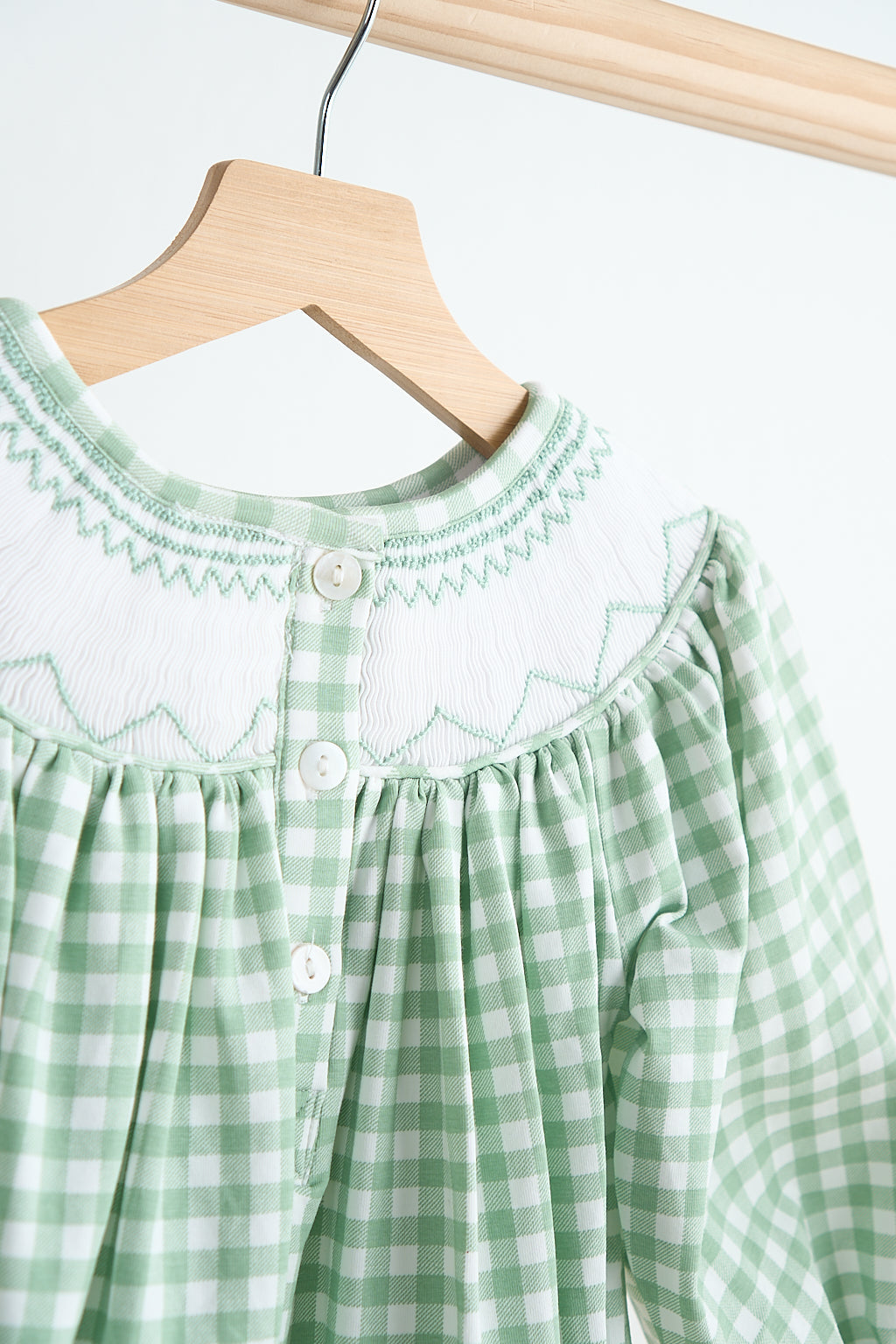 Green bow tie hand smocked gingham girl bubble