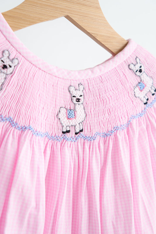 Pink alpaca hand smocked gingham girl romper