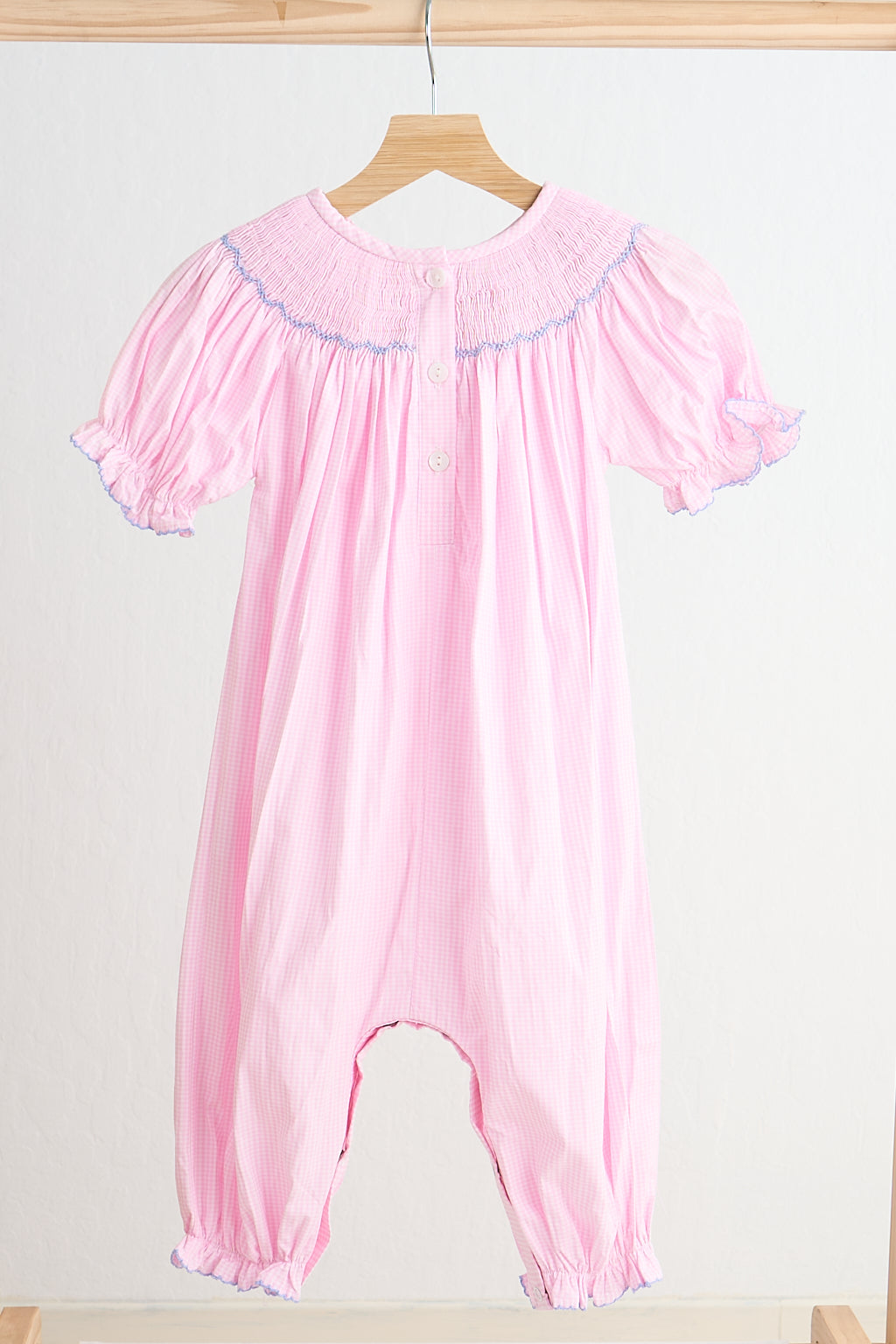 Pink alpaca hand smocked gingham girl romper