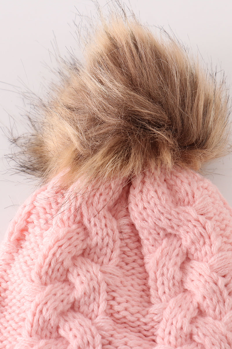 Pink pompom cable beanie