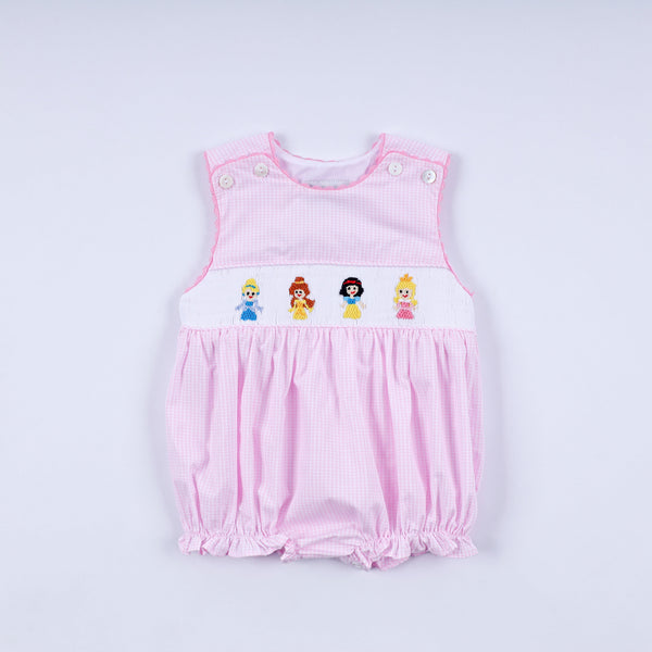 Pink princess hand smocked plaid bubble