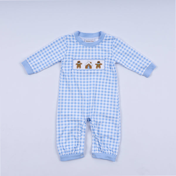 Blue gingerbread hand smocked gingham romper