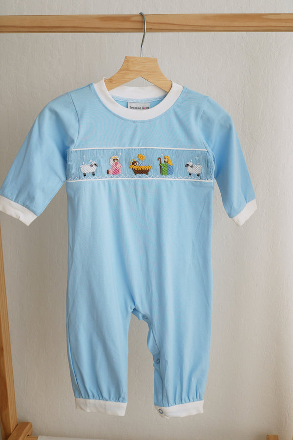 Blue nativity hand smocked romper