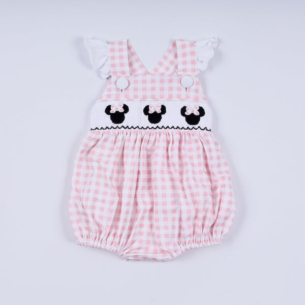 Pink character hand smocked gingham ruffle bubble
