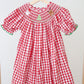 Red christmas santa tree reindeer hand smocked gingham dress