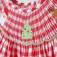 Red christmas santa tree reindeer hand smocked gingham dress