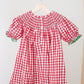 Red christmas santa tree reindeer hand smocked gingham dress