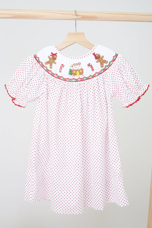 Red christmas gingerbread hand smocked dot dress