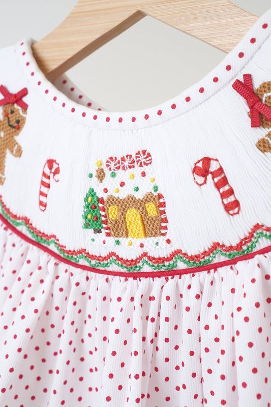 Red christmas gingerbread hand smocked dot dress