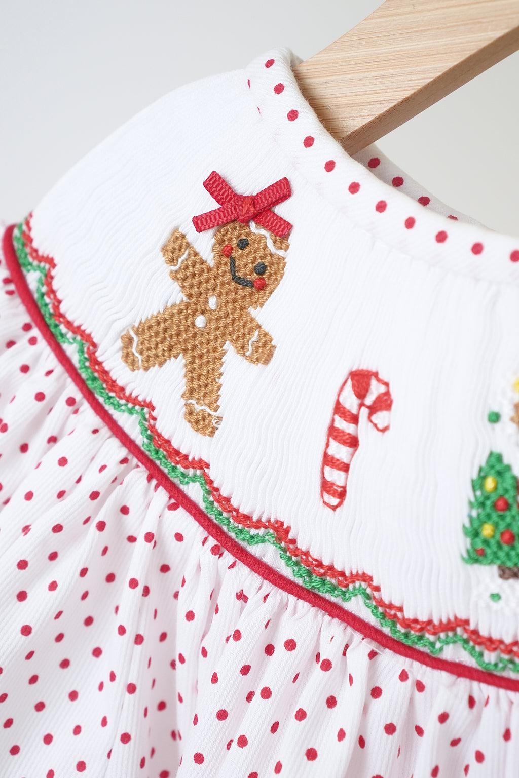 Red christmas gingerbread hand smocked dot dress