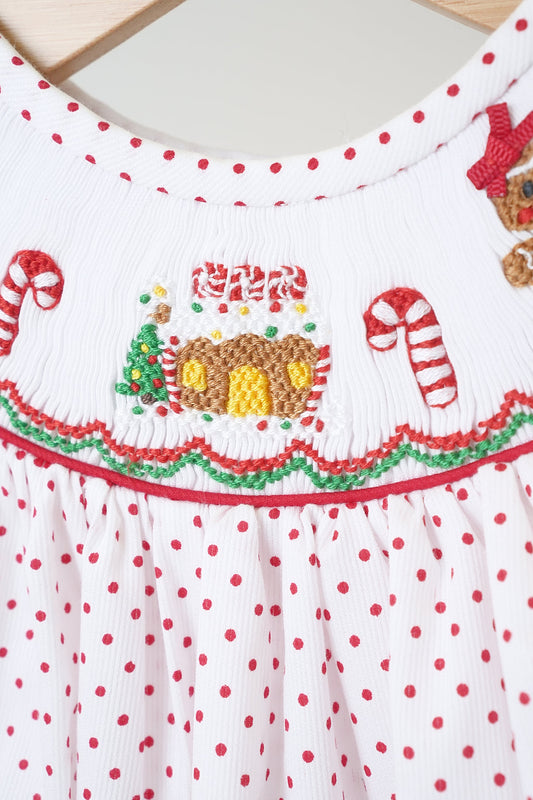 Red gingerbread hand smocked dot romper