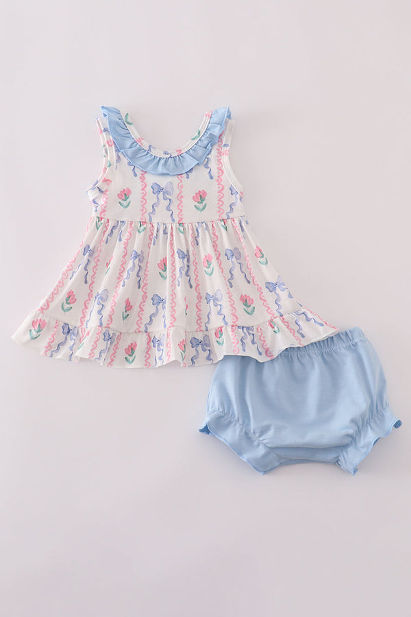 Blue floral bow ruffle bloomer set