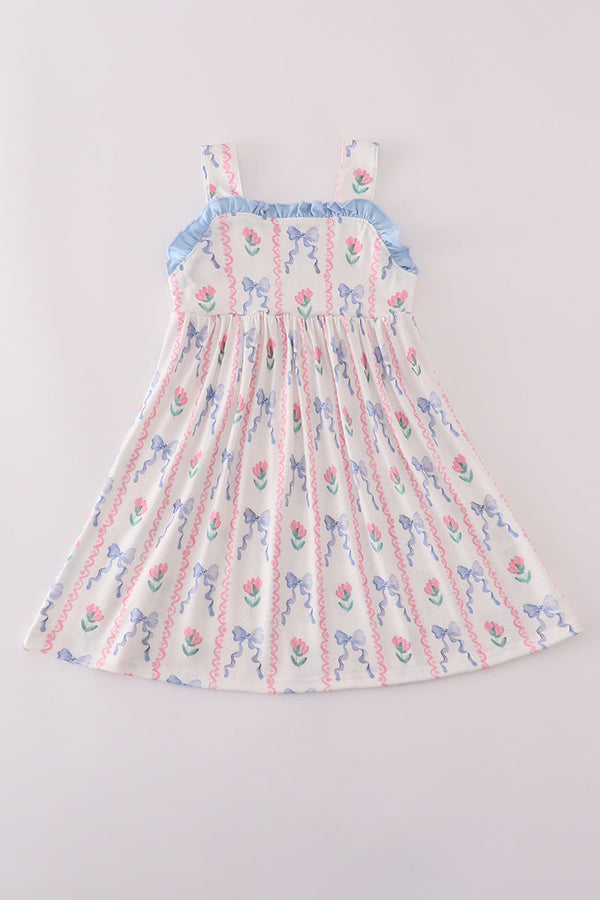 Blue floral bow print dress
