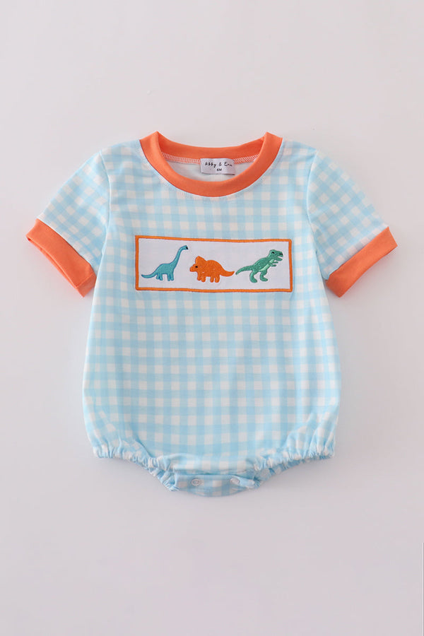 Blue dinosaur embroidery gingham bubble