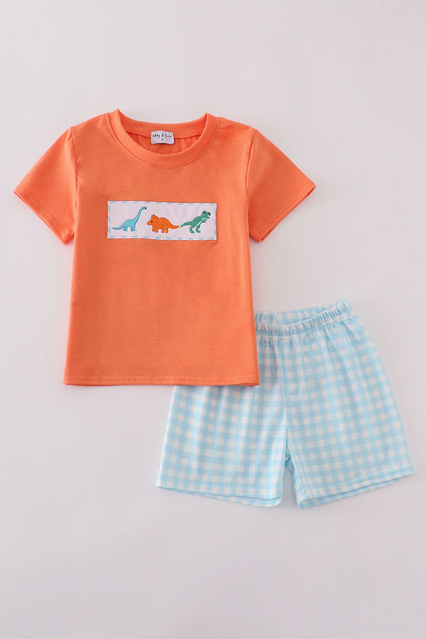 Blue dinosaur embroidery gingham shorts set
