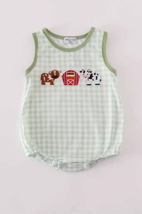 Green farm cow embroidery gingham bubble