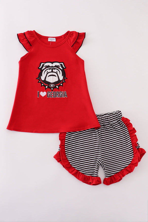 Red I love Georgia applique ruffle shorts set
