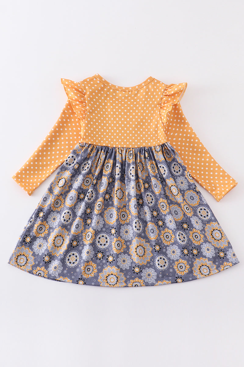 Mustard floral print ruffle dress