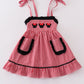 Red gingham woven character embroidery girl dress