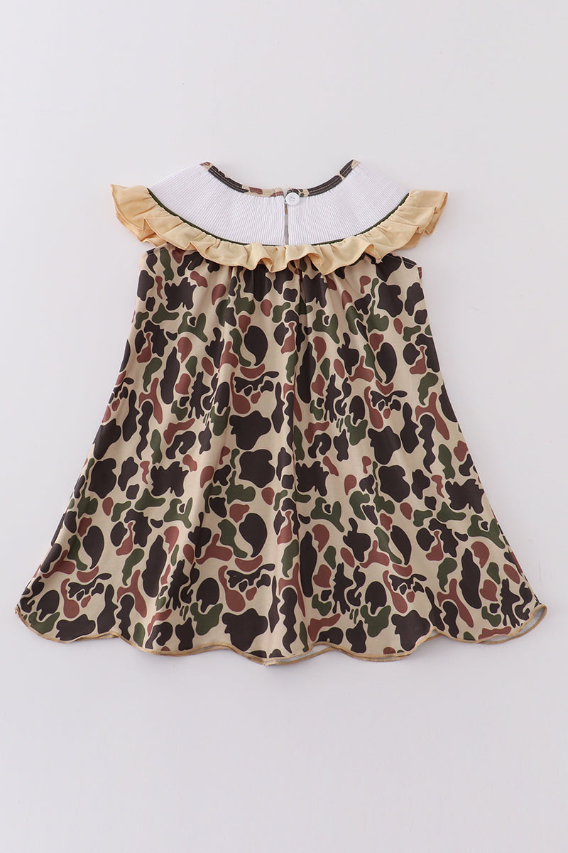 Camouflage easter cross embroidery smocked girl dress