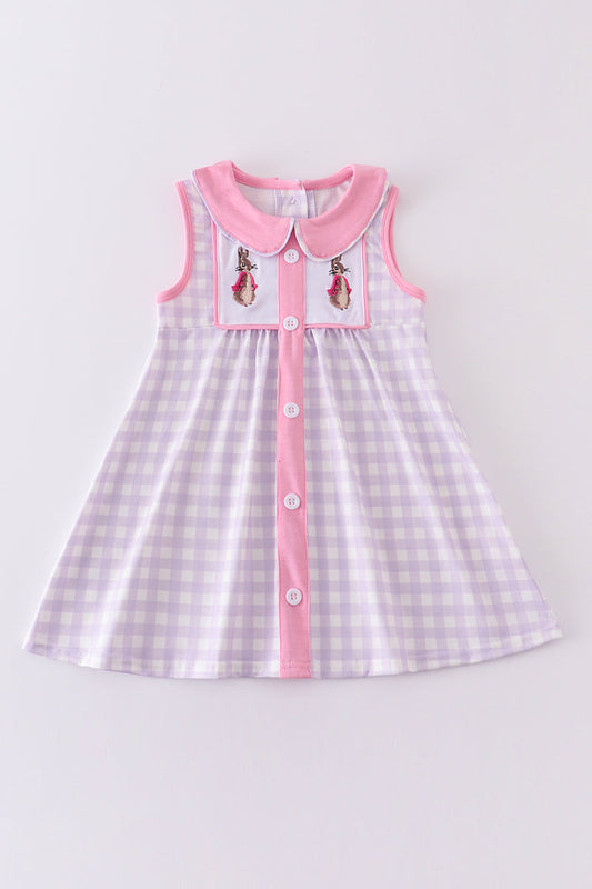 Purple plaid bunny embroidery dress