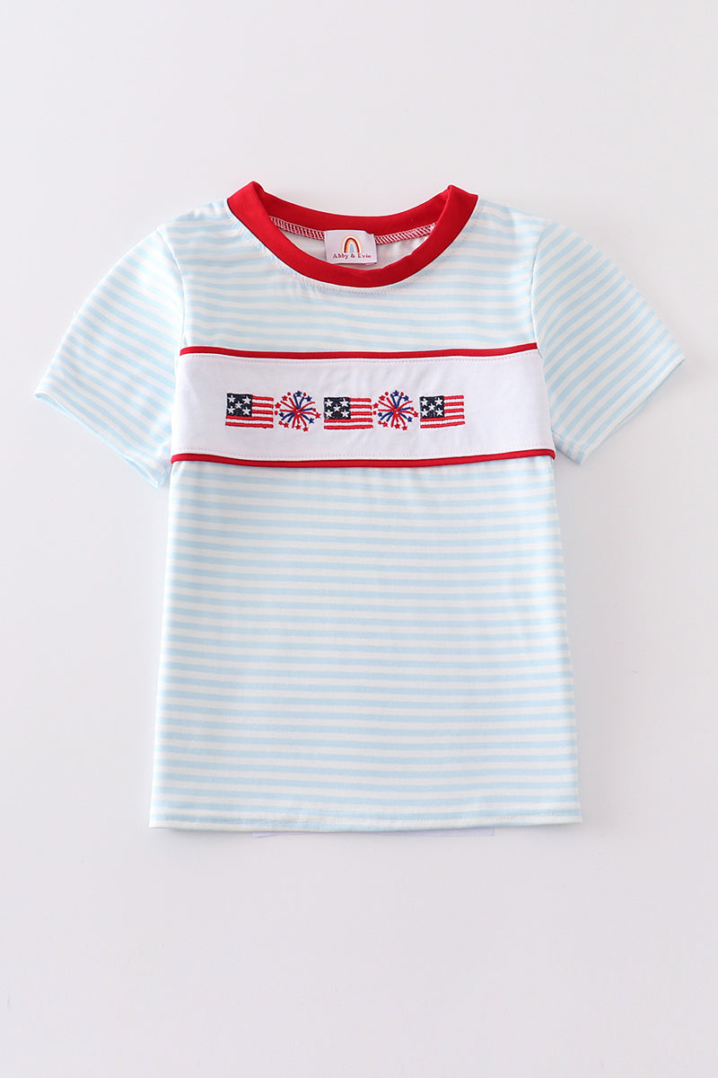 Blue Patriotic flag embroidery stripe boy top