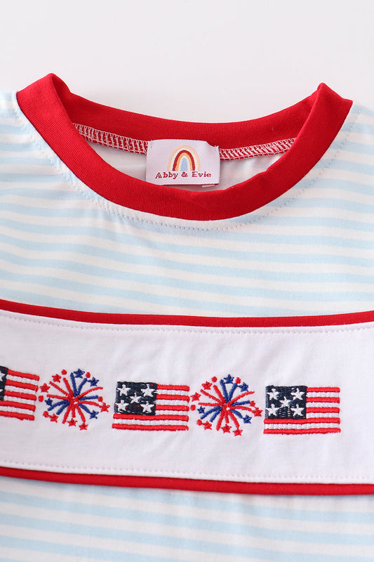 Blue Patriotic flag embroidery stripe boy top