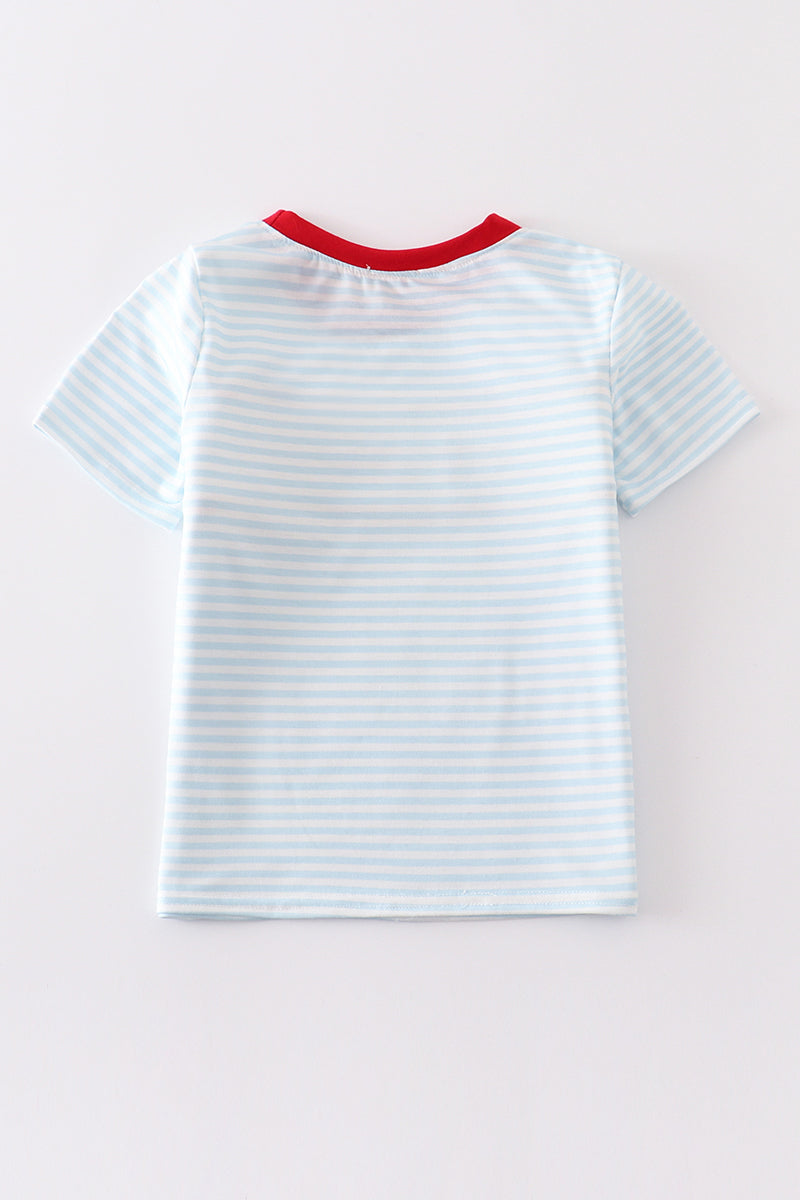 Blue Patriotic flag embroidery stripe boy top