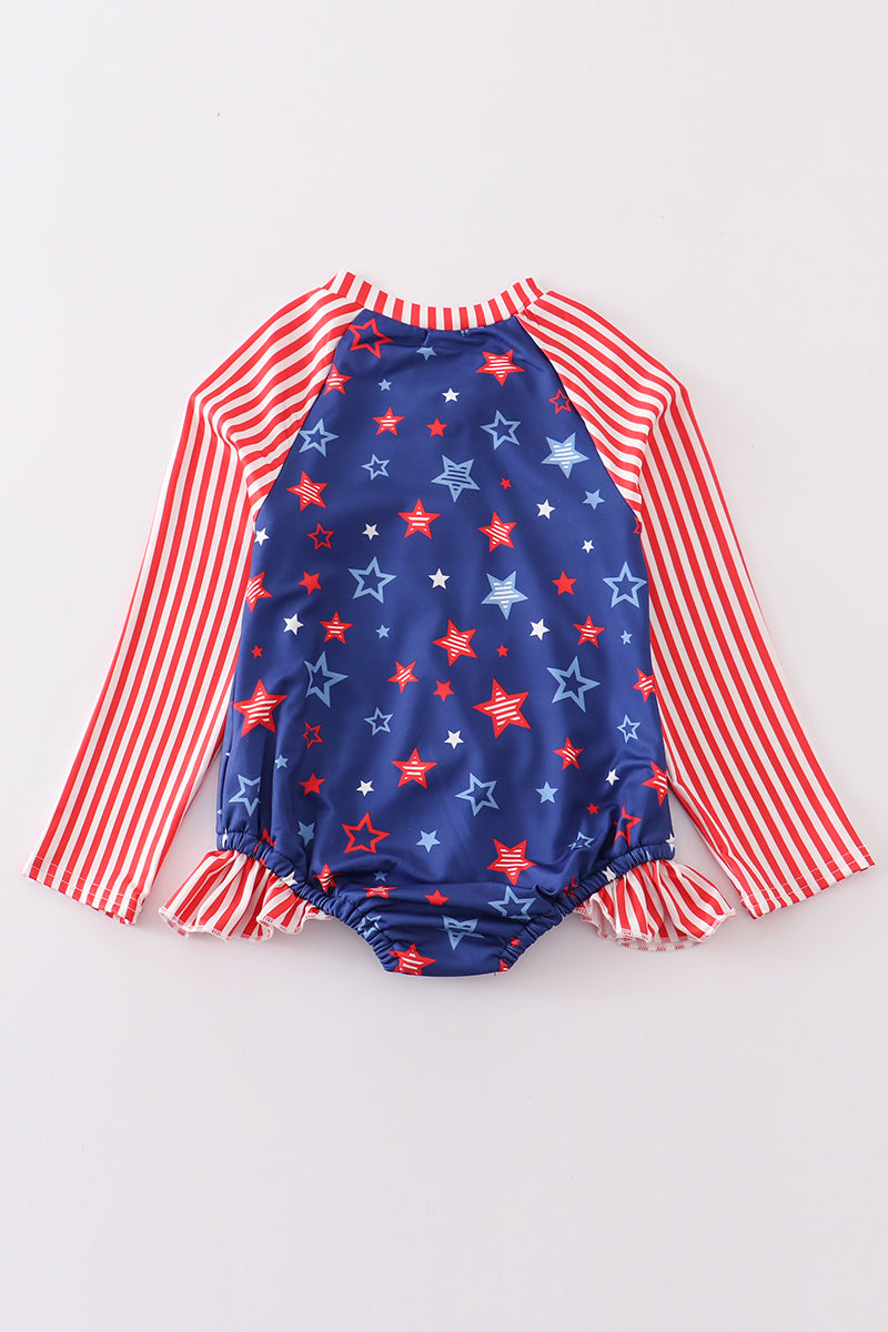 Navy Patriotic star print rashguard girl swimsuit