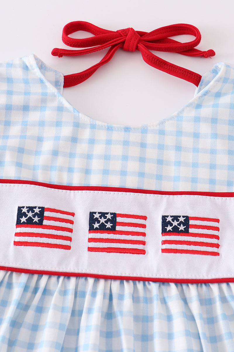 Patriotic flag embroidery plaid pocket dress