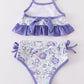 Purple floral print 2pc girl swimsuit