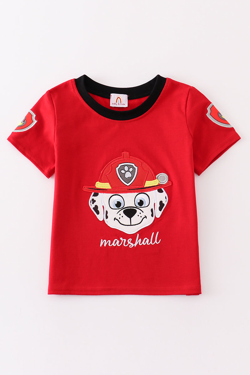 Red character applique boy top