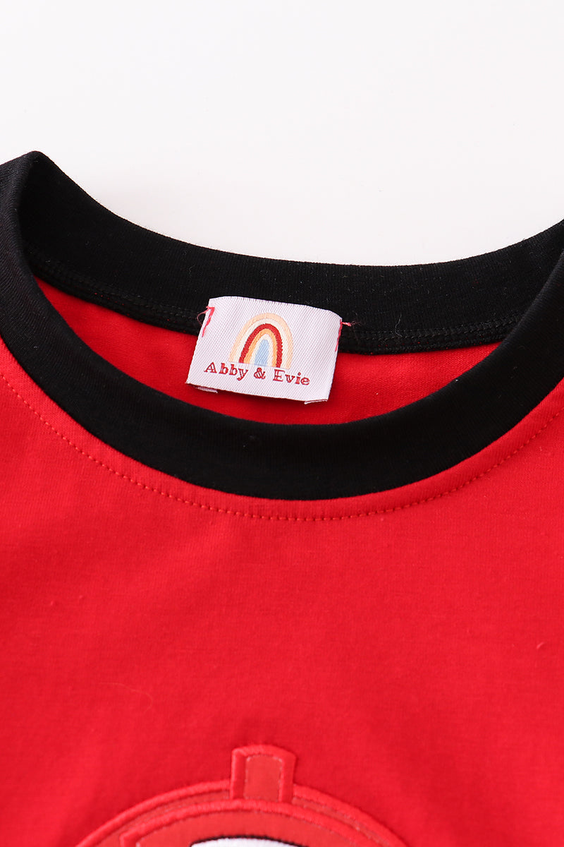 Red character applique boy top