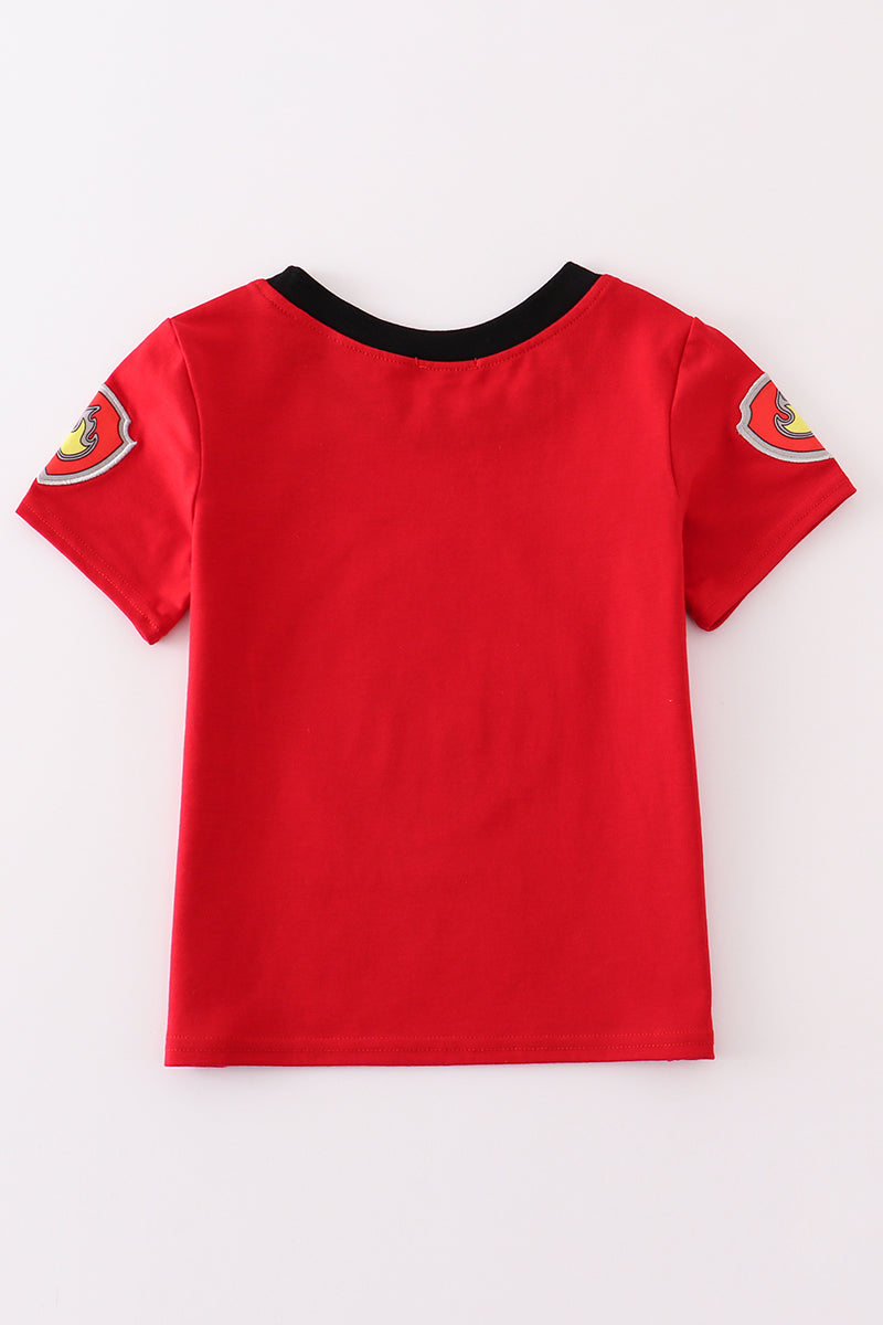 Red character applique boy top