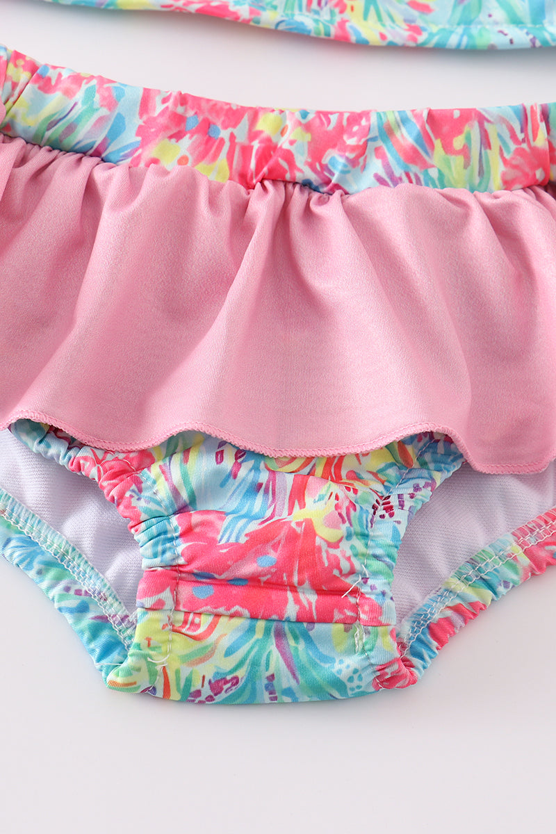 Pink character applique floral print ruffle 2pc girl swimsuit